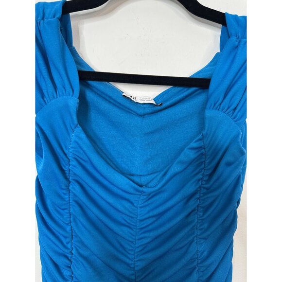 ZARA Ruched Small Royal Blue Sleeveless Dress Deep V-Neck - Picture 3 of 14